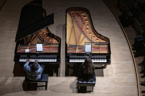 Pianist’s Simone Dinnerstein, right, and Awadagin Pratt perform together on Wednesday, Feb 5, 2025 at the Kimmel Center in Philadelphia, Pa.